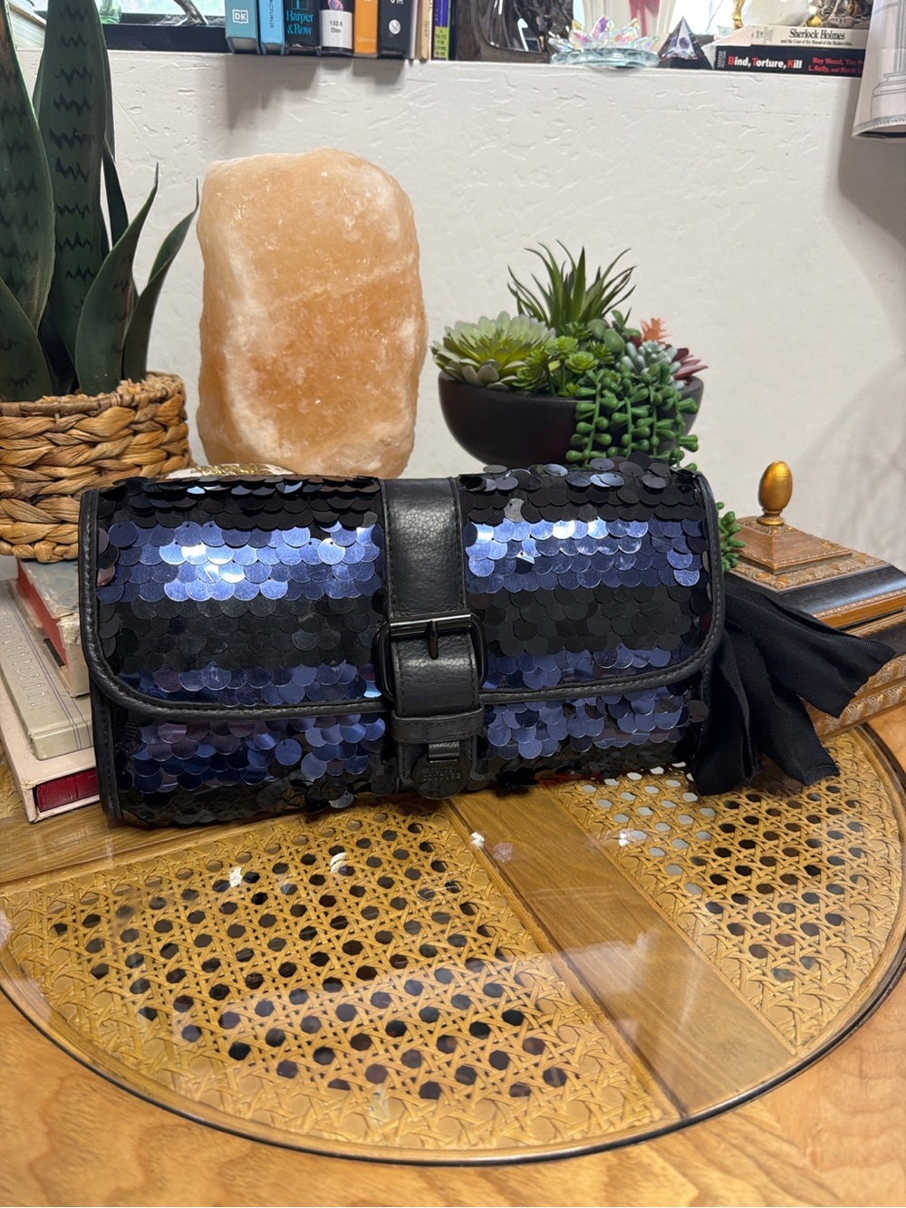 Juicy Couture Blue & Black Sequin Foldover Clutch Y2K Evening Bag